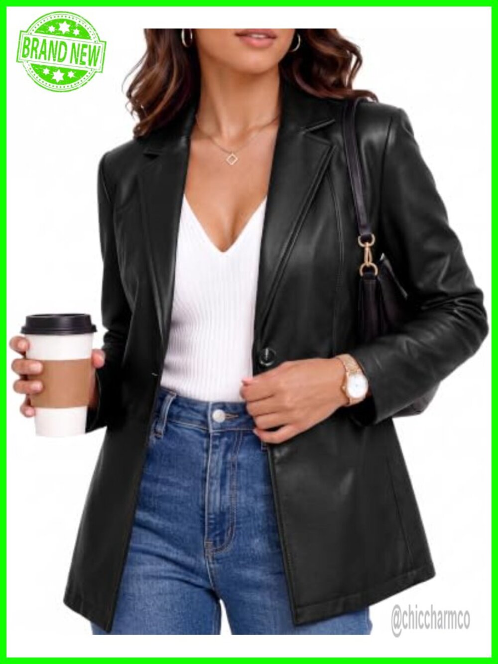 Faux Leather Blazer Jacket Women Lightly Fitted Notch Collar Long Sleeve